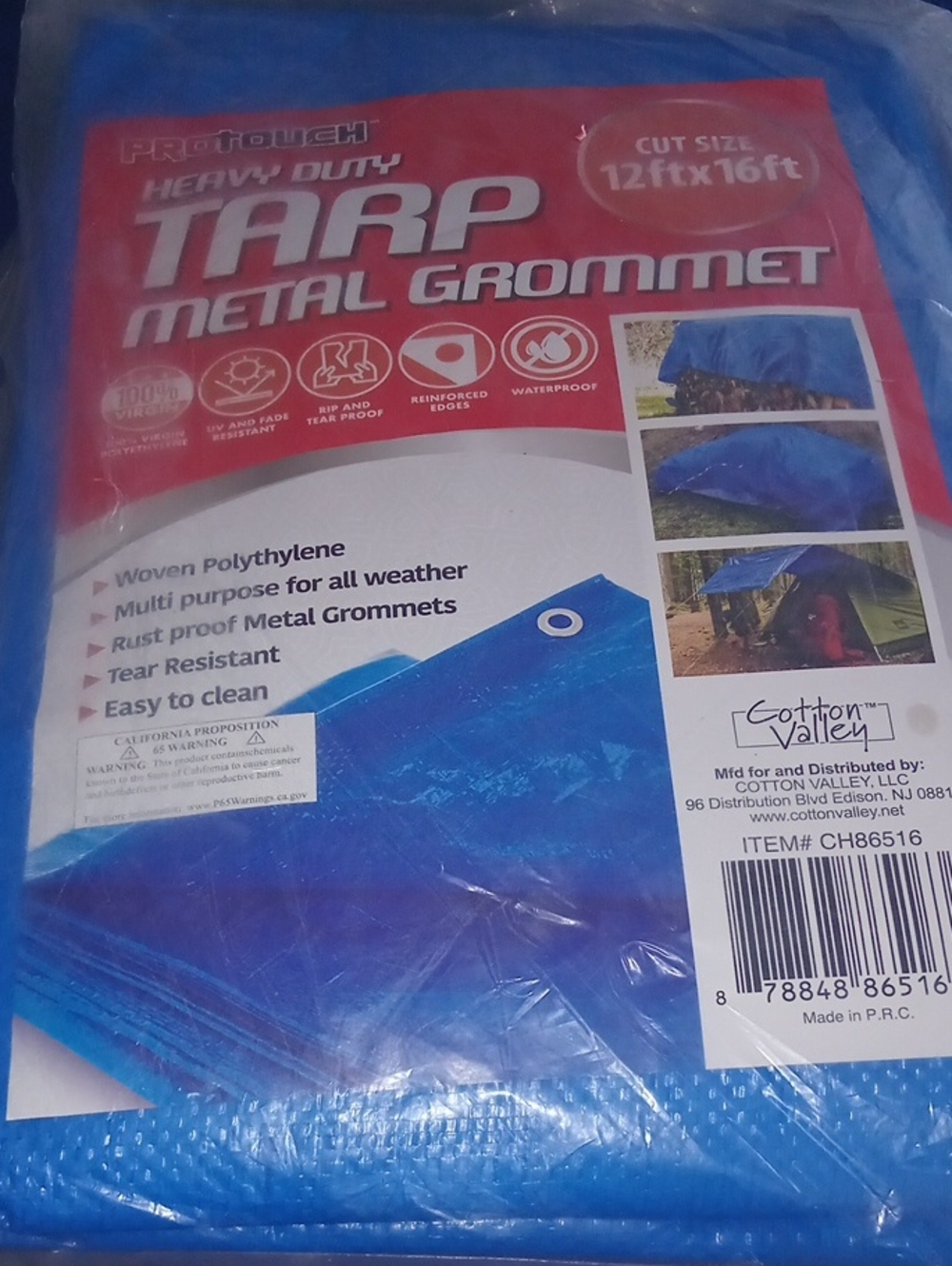 Heavy Duty Blue Tarp with Metal Grommets - 12ft x 16ft Cotton Valley